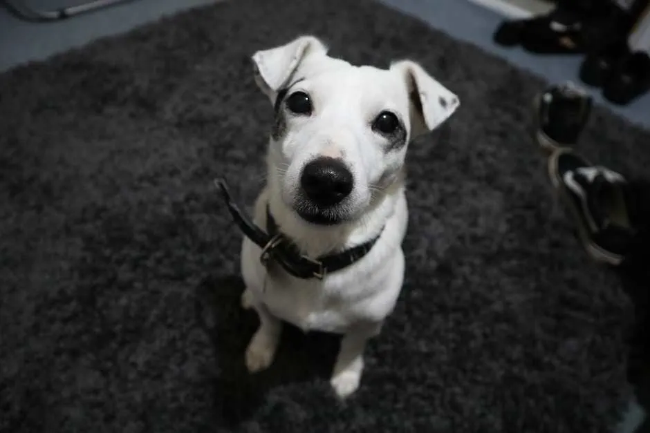 A dog looking at its leash on the floor, ready for training