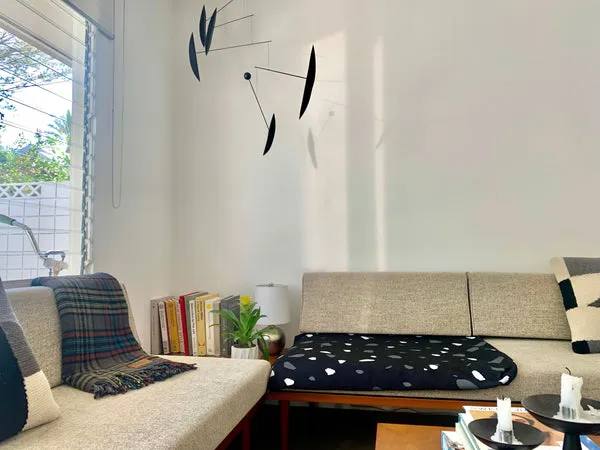 A dog resting on a stylish dog bed cover on a couch.