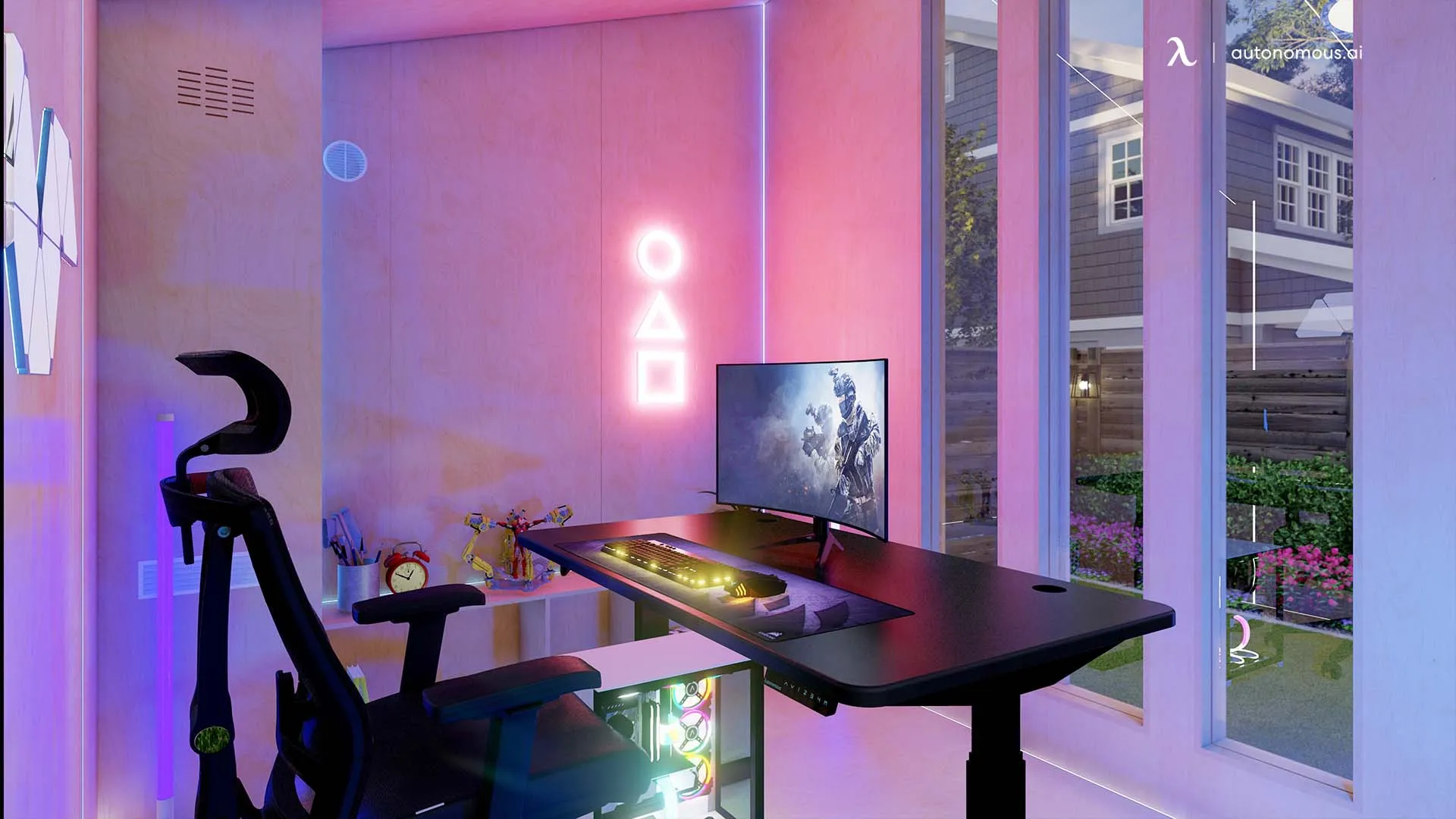 A double-duty his and hers gaming setup combining work and play