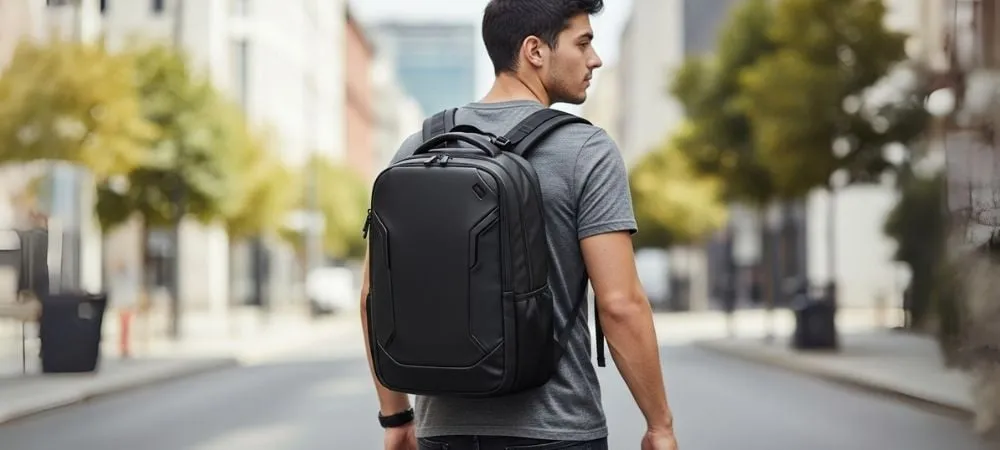 A gaming laptop, headset, and mouse are neatly stored inside a specialized gaming backpack, highlighting its organizational capabilities.