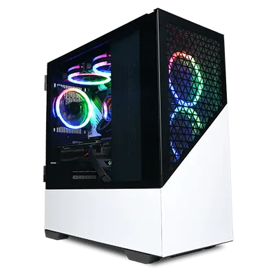 A gaming PC with an open glass side panel, showcasing internal components with purple and blue RGB lighting
