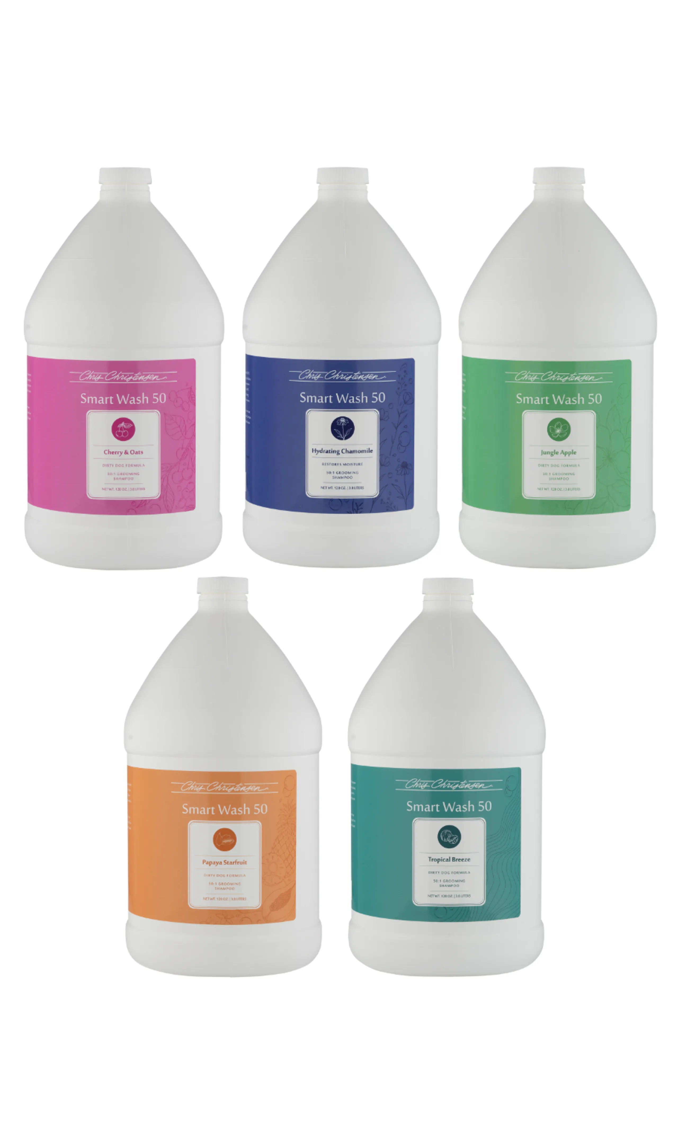 A group photo of all the smartwash50 gallon bottle scents. Scents include Cherry & Oats, Hydrating Blend, Jungle Apple, Papaya Starfruit, and Tropical Breeze.