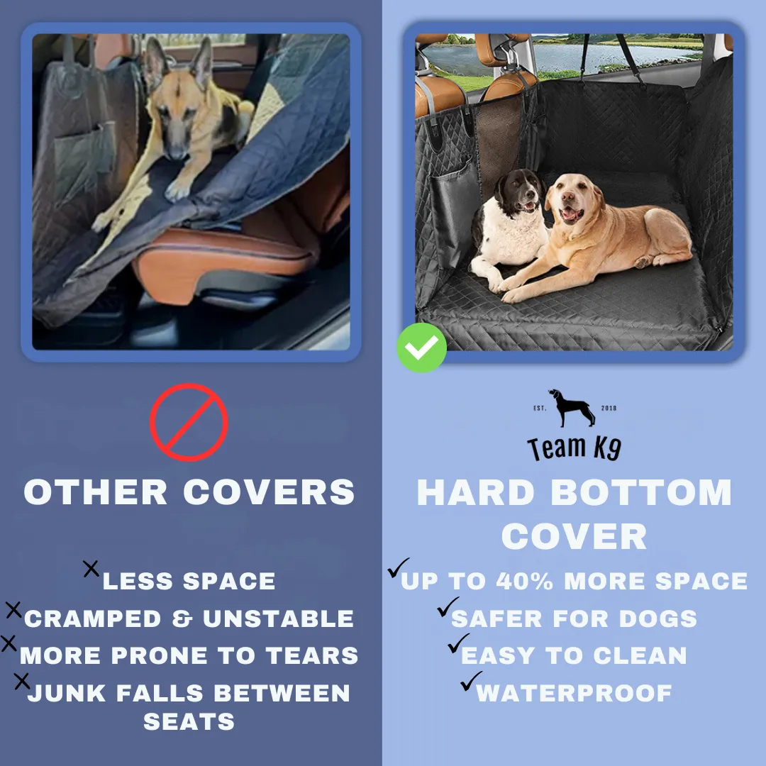 A happy dog comfortably seated in the back of a car, enjoying the view through the mesh window of the Team K9 car seat cover.