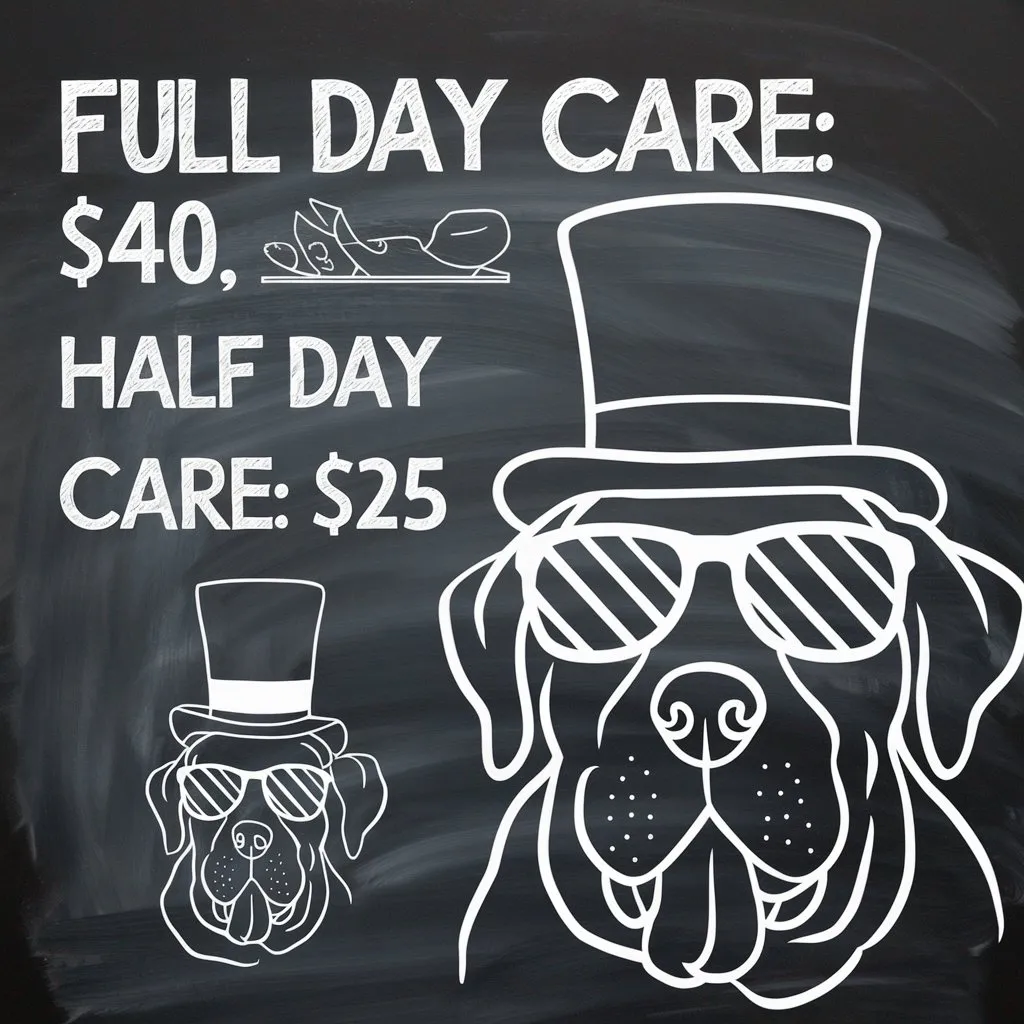 A happy dog sitting among a group of other dogs in a modern, clean doggy daycare facility, illustrating the cost of care