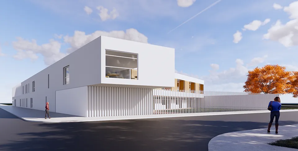 A highly realistic rendering of an elderly residence, showcasing a gorgeous sky, sharp colors, excellent global illumination, and realistic reflections, with integrated entourage.