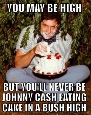 A humorous manipulated image of Johnny Cash eating a slice of strawberry cake while hiding in a green bush