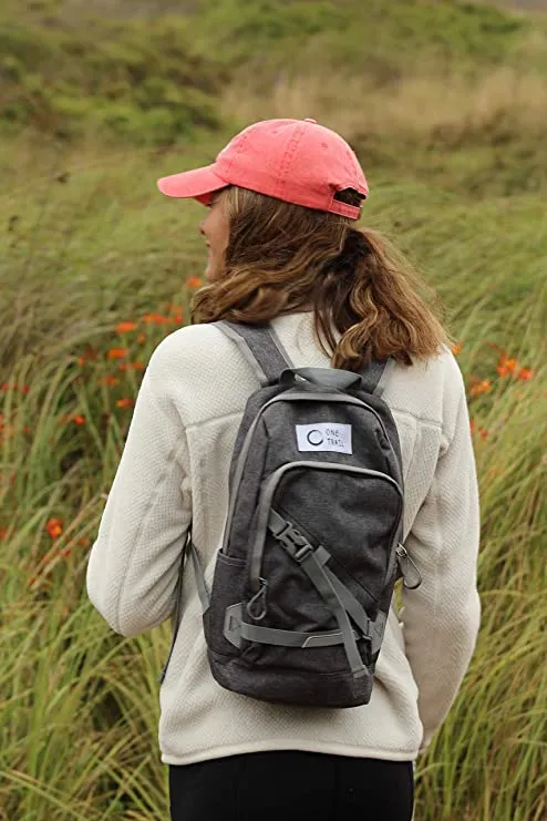 A lightweight grey OneTrail Mini Me 10 Liter Daypack, suitable for carrying essentials during dog walks or bike rides.
