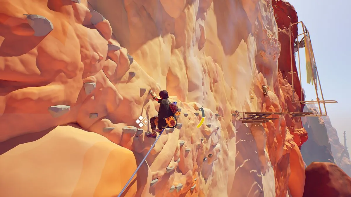 A lone figure in a red cloak scales a towering, ancient rock formation under a vast sky.