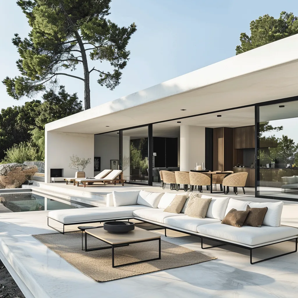 A minimalistic and elegant hotel terrace, ready for guest relaxation