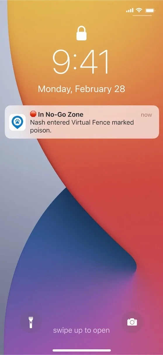 A mobile phone notification displays "Your dog has just left a No-Go Zone!", warning that the dog has entered a prohibited area.