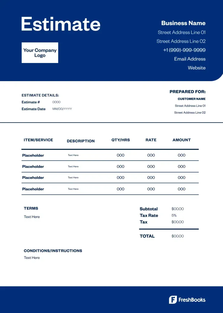 A neatly organized Excel estimate template with a light blue and white theme, showcasing sections for client details, service descriptions, unit costs, and total amounts.