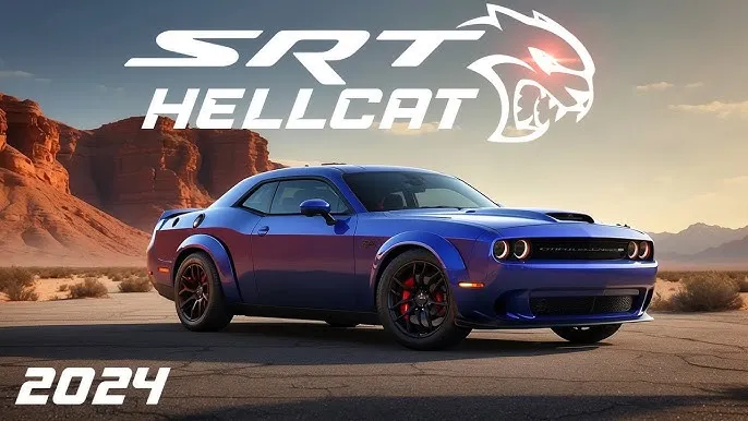 A powerful orange 2024 Dodge Challenger Hellcat parked outdoors, showcasing its muscular design and distinctive hood scoop.