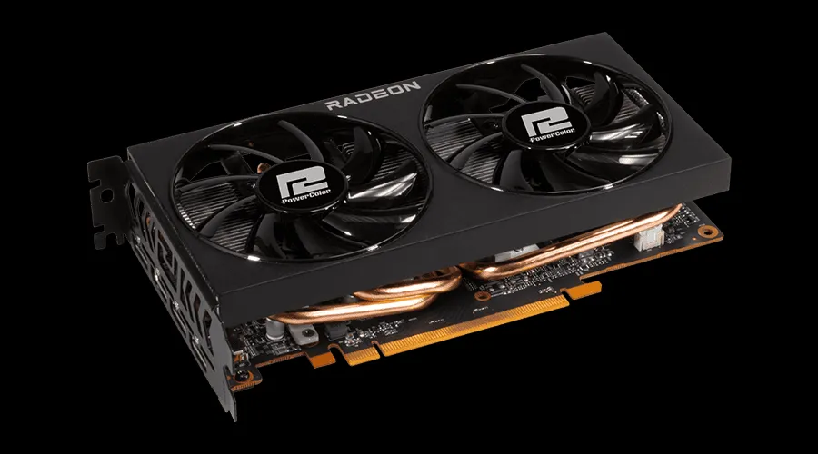 A Radeon graphics card, the PowerColor Fighter AMD Radeon RX 6600, with dual fans.