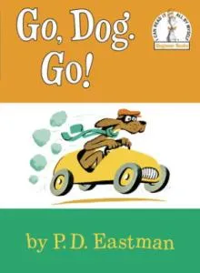 A red dog driving a blue car