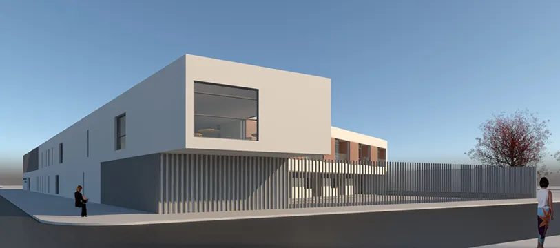 A rendered image of a building showing default textures and a bland sky, suggesting a need for extensive customization to achieve high-quality results.
