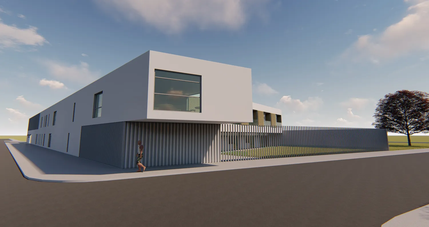 A rendering of the elderly residence produced by Lumion, highlighting its environmental elements like trees and grass, and overall atmospheric qualities.