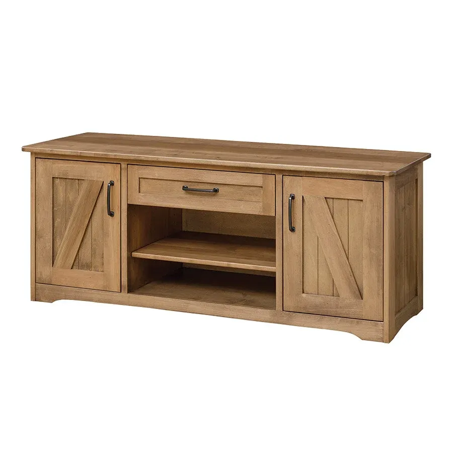 A rustic-style 60-inch entertainment center with a large TV, two gaming consoles, and various accessories displayed on its shelves and in closed cabinets.