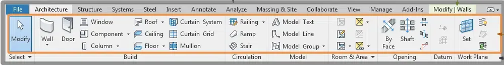 A screenshot displaying the comprehensive Revit menu bar with various tabs and tools