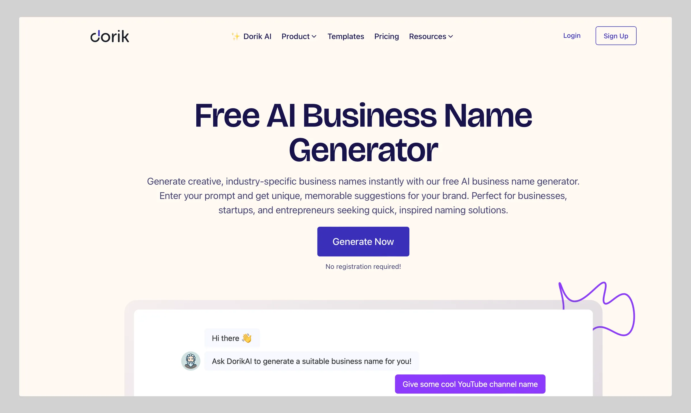 A screenshot of Dorik's AI YouTube Name Generator, showing how users can input keywords to generate channel name ideas.