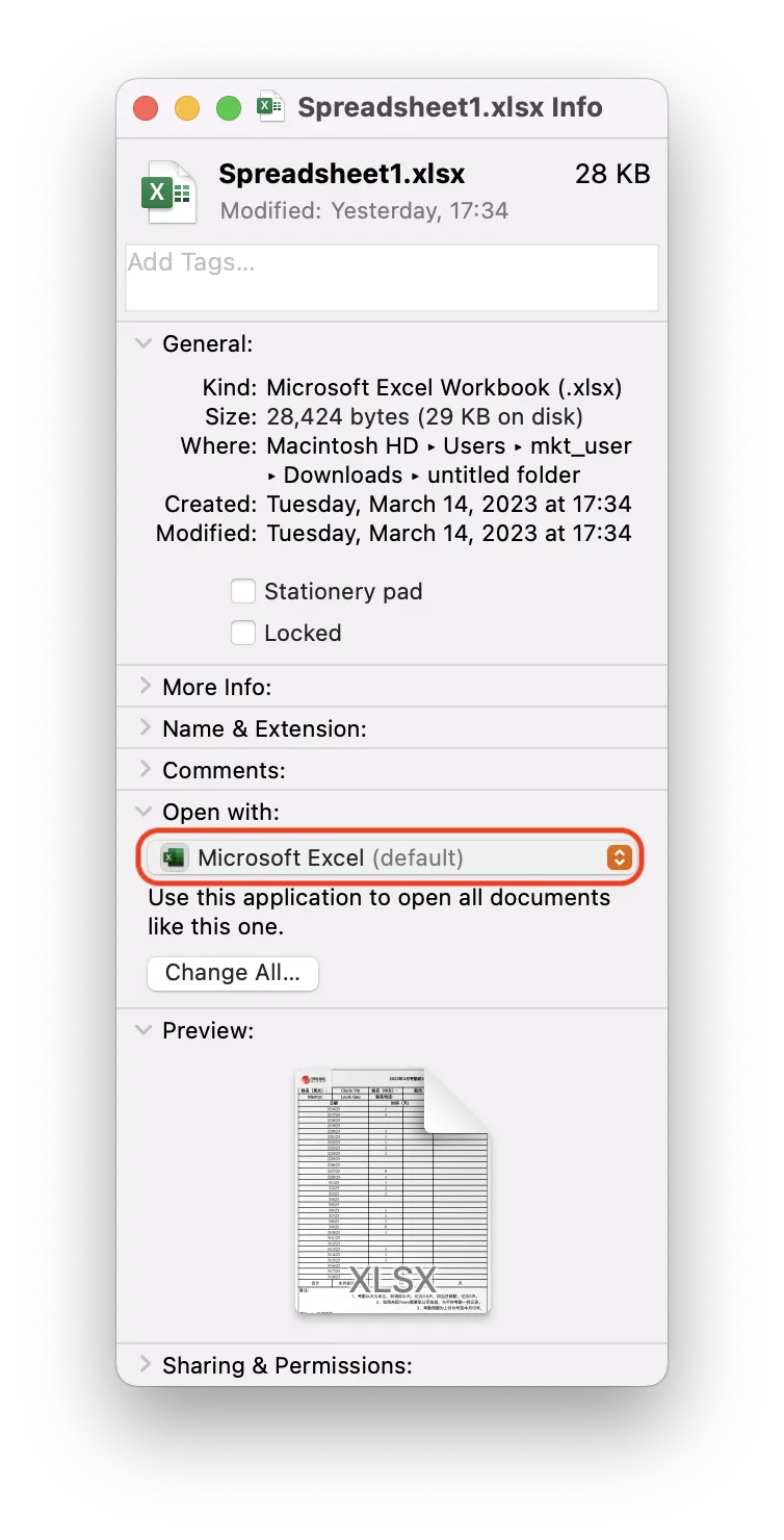 A screenshot of the 'Get Info' window with the 'Open with:' section expanded.
