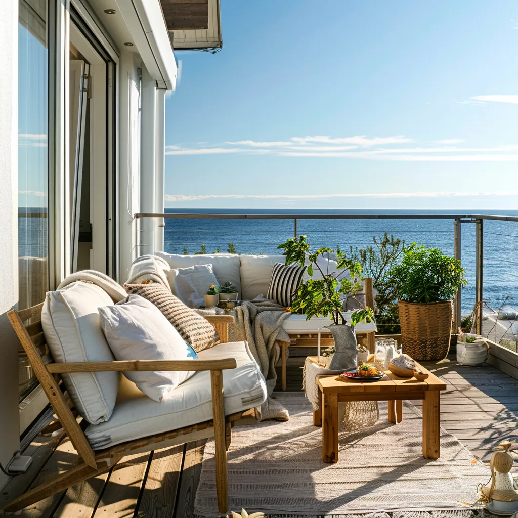 A serene terrace with modern outdoor furniture, overlooking a calm body of water, representing guest comfort and premium offerings.