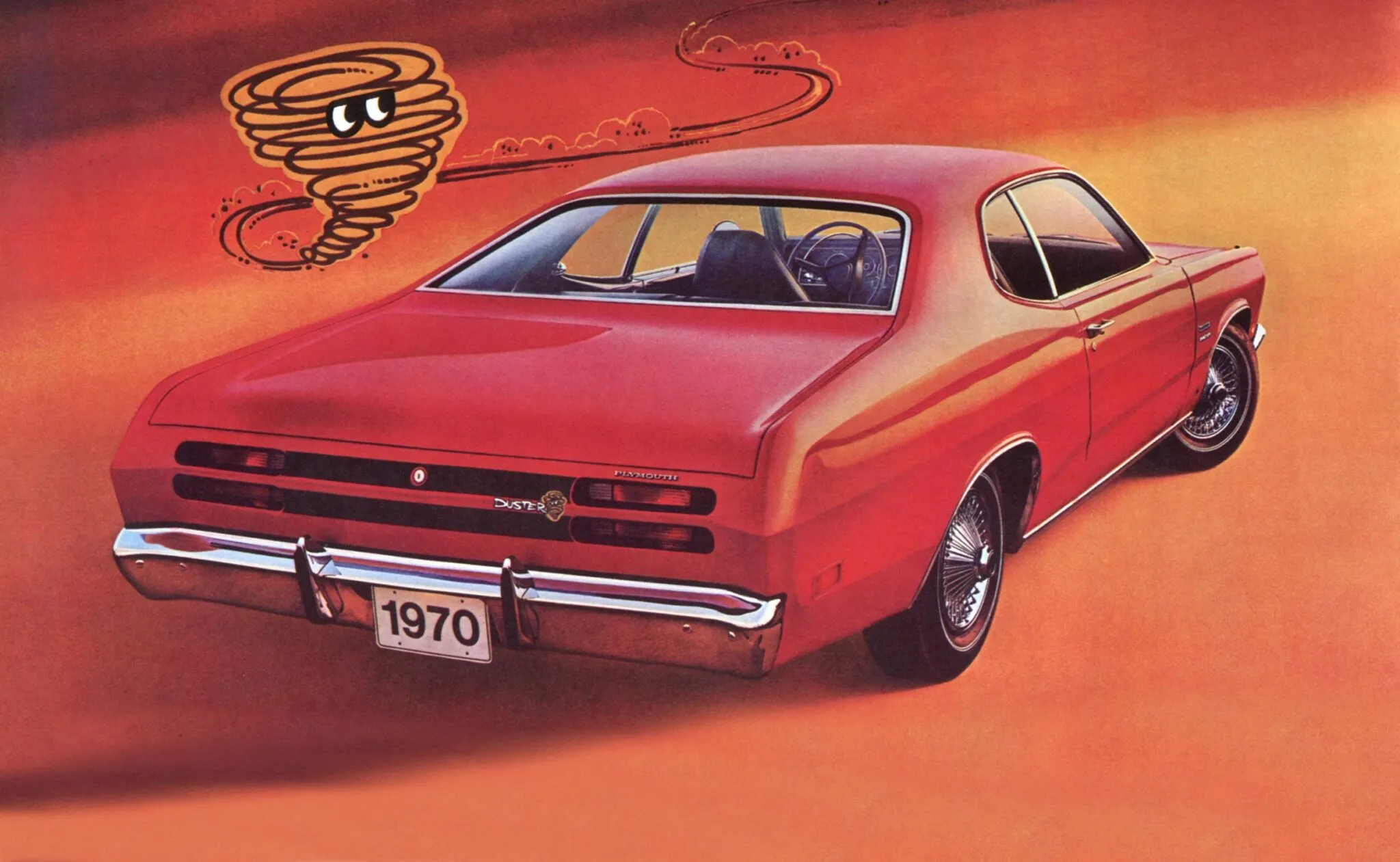 A side view of the 1970 Plymouth Duster in red, highlighting its sleek semi-fastback roofline and sporty profile