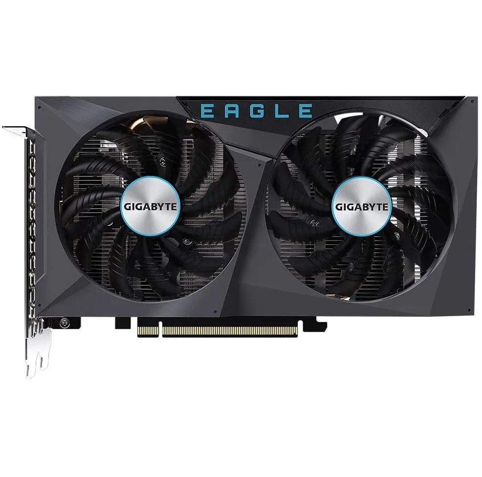 A single Nvidia GeForce RTX 3050 graphics card with three cooling fans, angled to show its side profile against a gradient background.