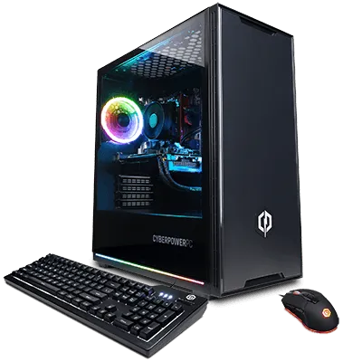 A sleek black prebuilt gaming PC with blue internal lighting, showcasing its compact design