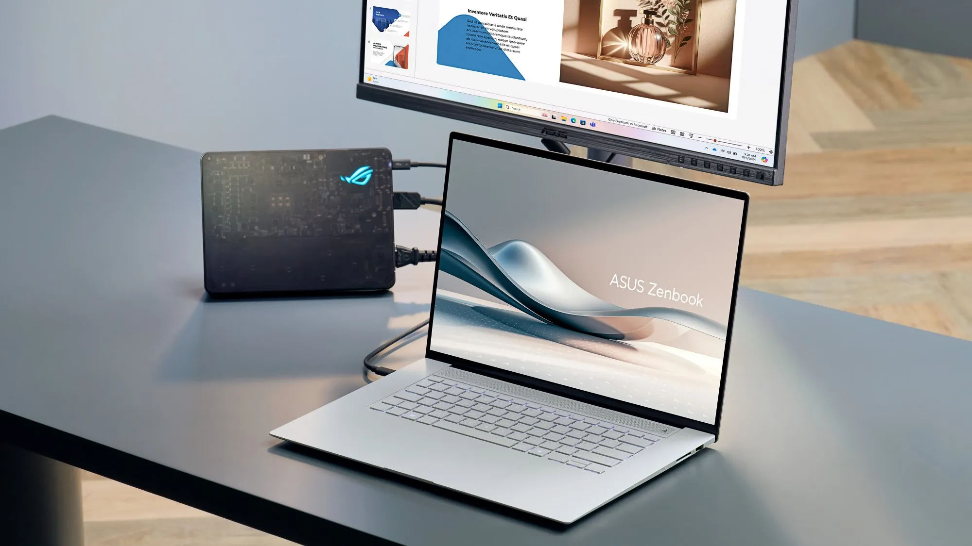 A slim ASUS Zenbook laptop connected to the ROG XG Mobile external graphics dock, illustrating enhanced performance