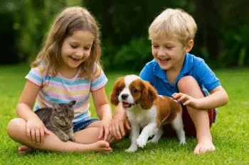 A small, adorable Blenheim Cavalier King Charles Spaniel puppy looking inquisitively.