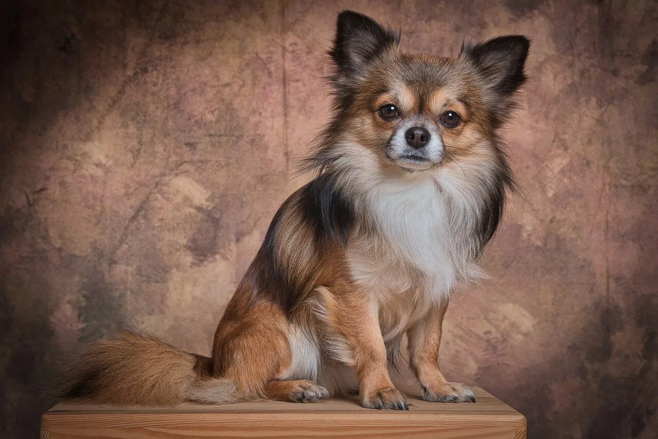 A small fawn-colored Chihuahua with large ears and expressive eyes sitting calmly, representing the best small therapy dog breeds.
