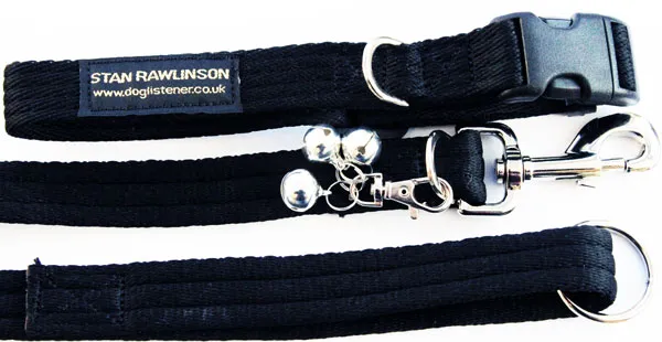 A specially designed dog lead with a collar and the Jingler device attached, showcasing the integrated training tools.