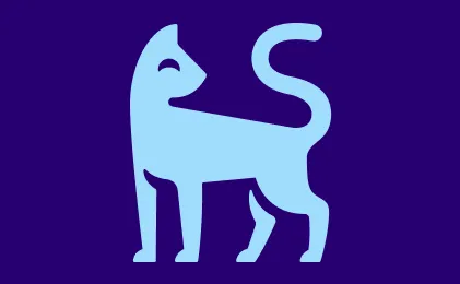 A square illustration of a blue cat looking curious