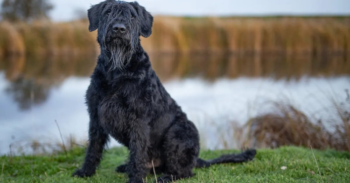 A striking black Giant Schnauzer poses beside a serene lake