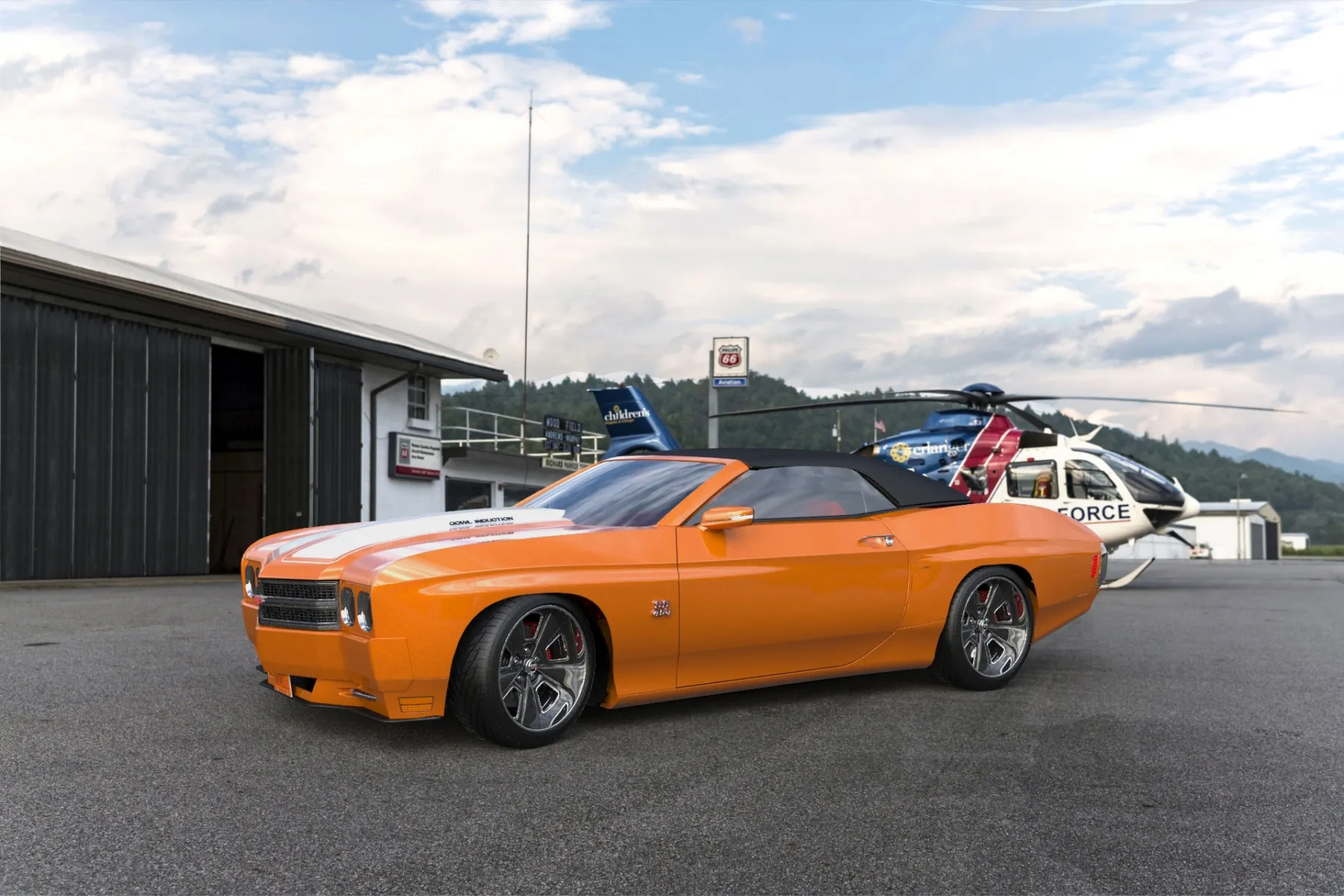 A striking front-three-quarter view of the 2024 70/SS in a vibrant orange, showcasing its muscular proportions