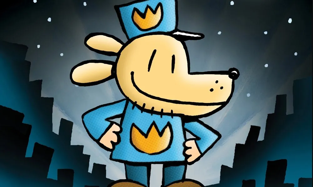 A stylized drawing of Dog Man, a half-dog, half-human police officer, with his signature grin.