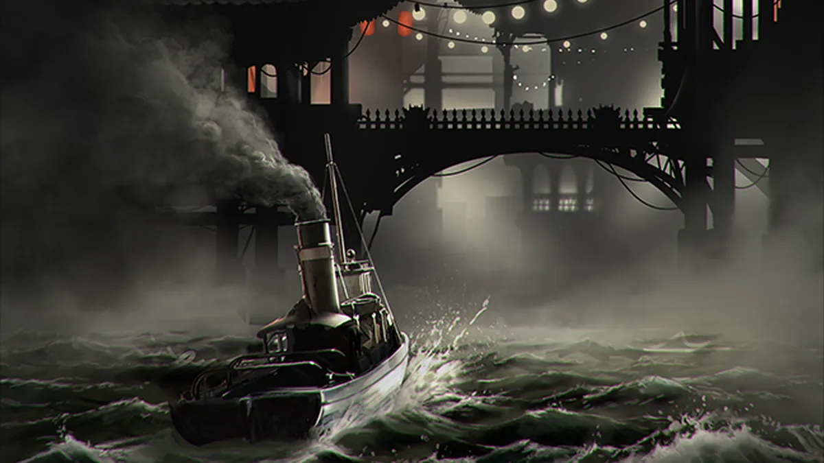 A stylized illustration of a ship or steamer docked at Wolfstack Docks in Fallen London, beneath a strange, glowing sky.