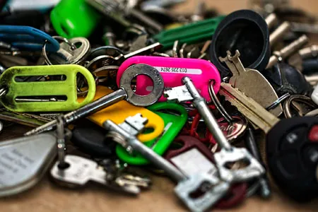 A table filled with various sets of keys for dog walking clients