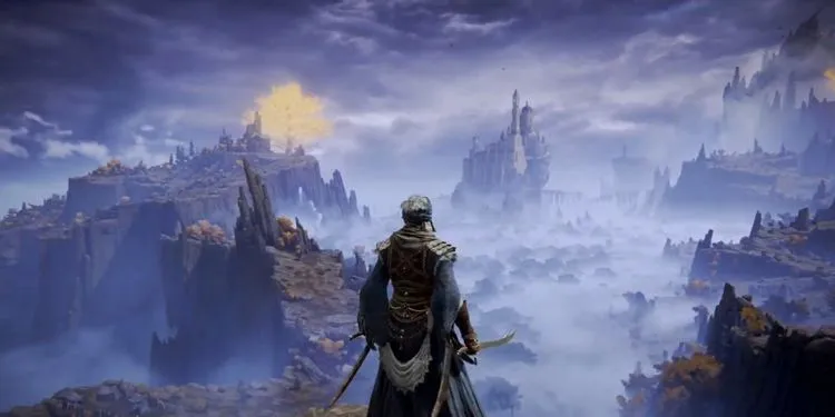 A Tarnished character facing a massive dragon in an open field under a golden sky in Elden Ring