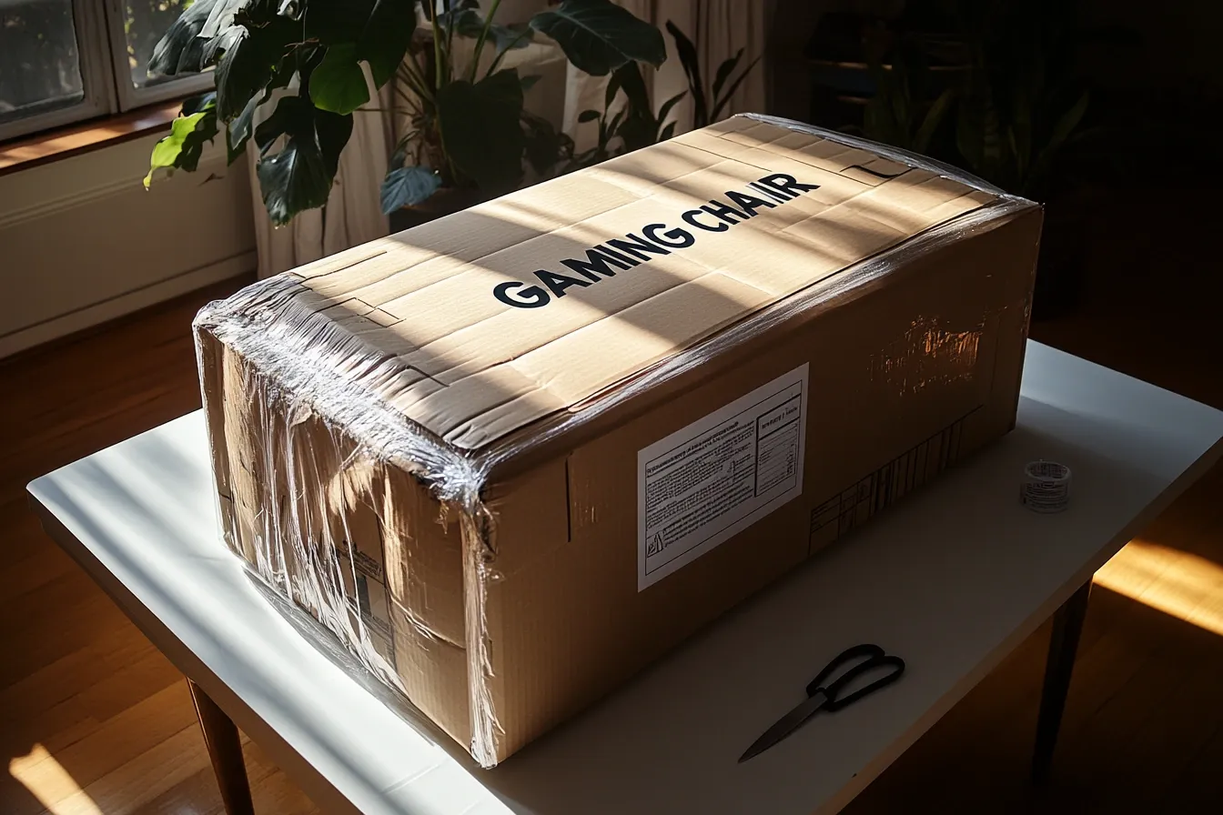 A top-down view of the neatly packaged Emerge Vortex gaming chair components during unboxing.