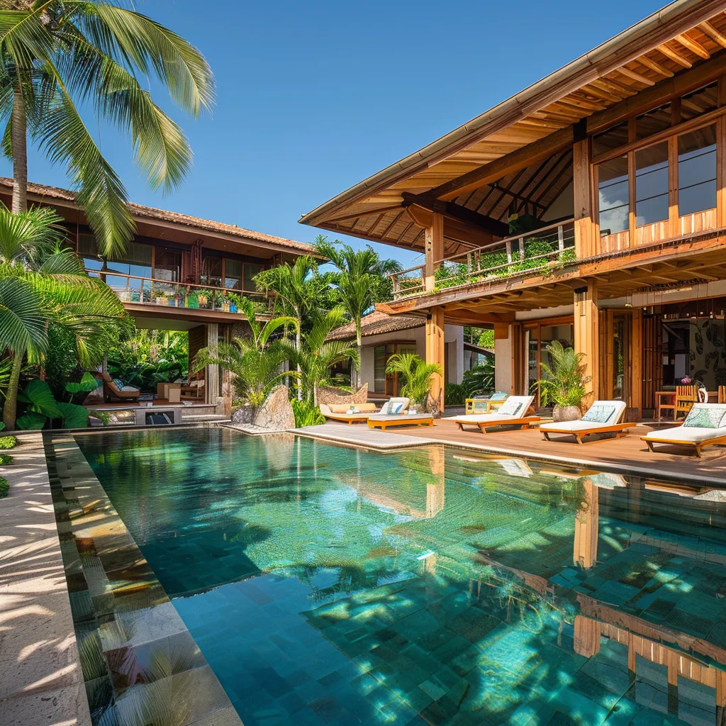 A tropical resort setting with lush greenery and a swimming pool, highlighting a luxurious guest experience.