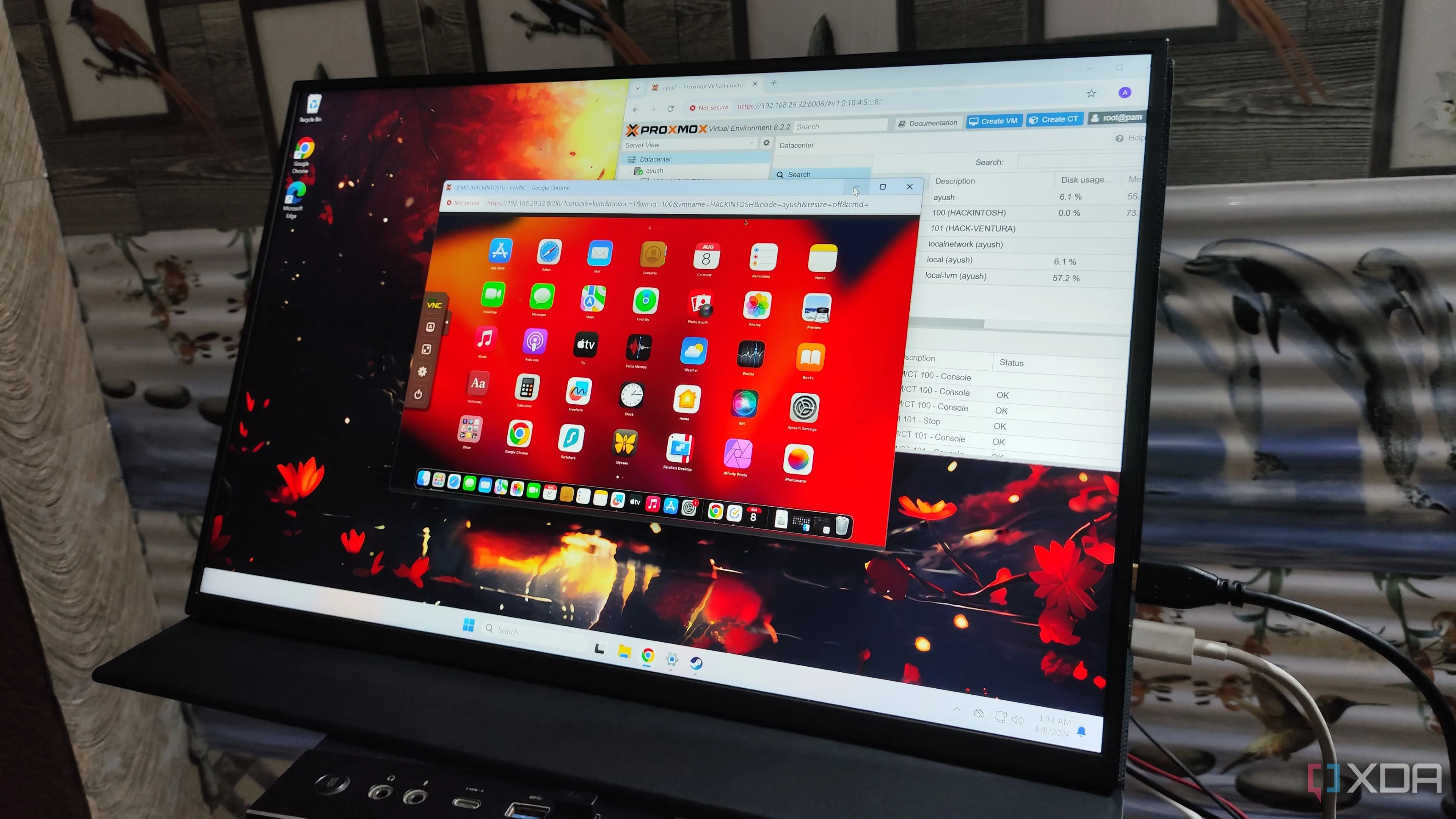 A Uperfect Ugame K118 displaying a macOS Ventura VM running via Proxmox, showcasing a project that might benefit from an older GPU.