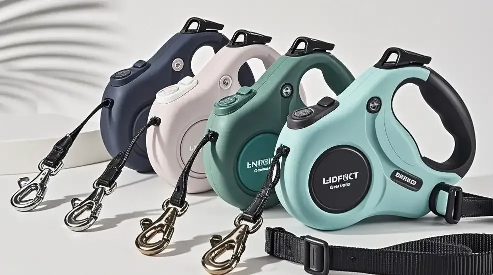 A vibrant display of retractable dog leashes in a range of popular colors, demonstrating design diversity.