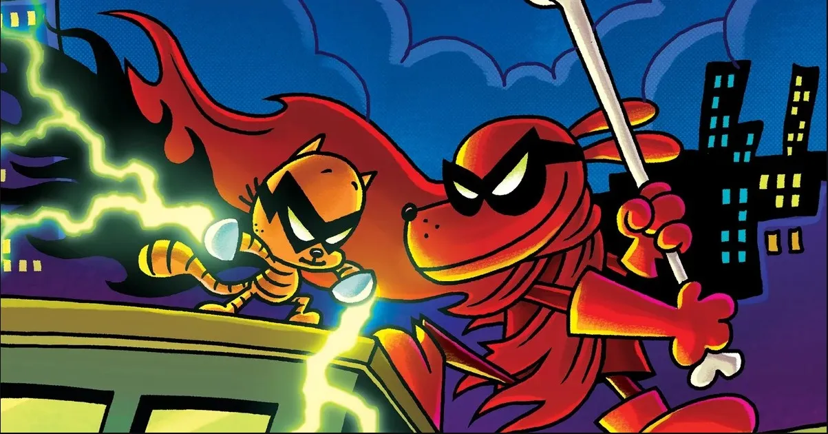 A vibrant image showing Dog Man leaping into action against a shadowy, villainous figure, conveying a sense of urgent adventure.