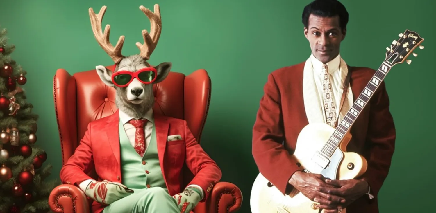 A vintage-style illustration depicting Chuck Berry playing guitar alongside Rudolph the Red-Nosed Reindeer with Christmas elements.