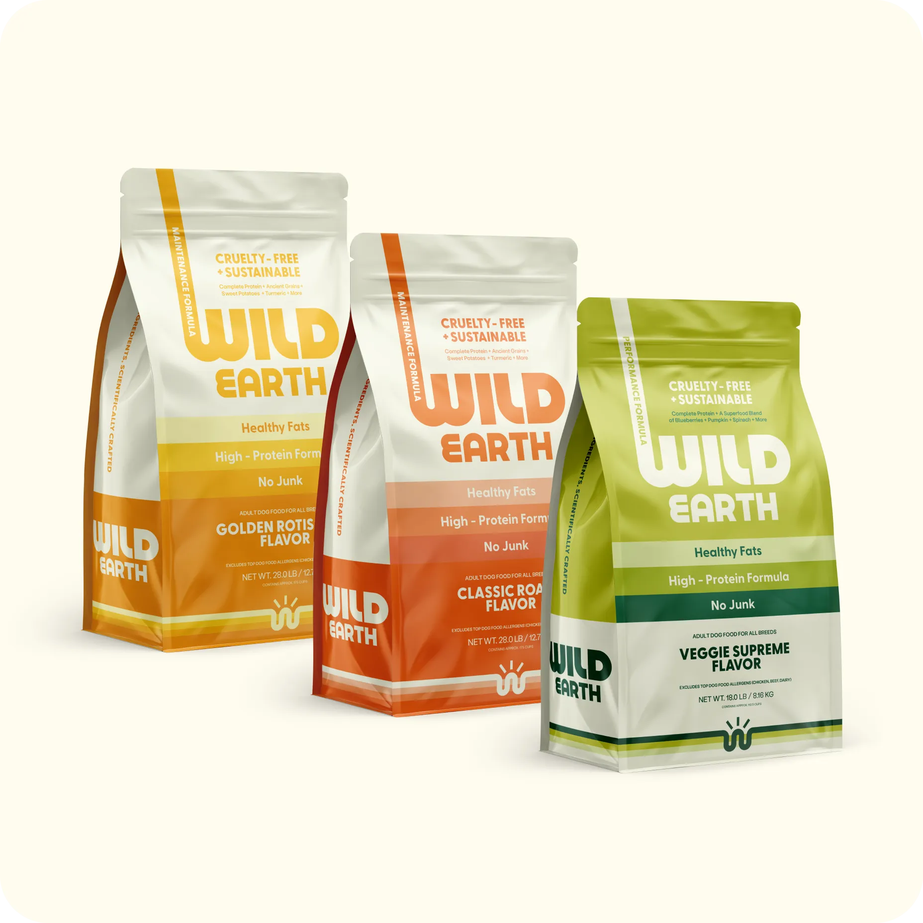 A visually appealing arrangement of various Wild Earth kibble products, showcasing their commitment to plant-based nutrition