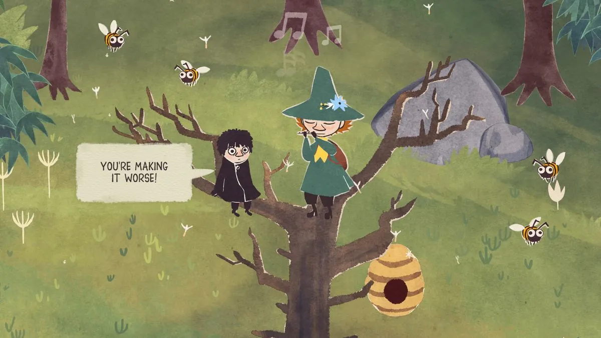 A whimsical character, Snufkin, with a hat and scarf, plays a flute in a lush green valley.