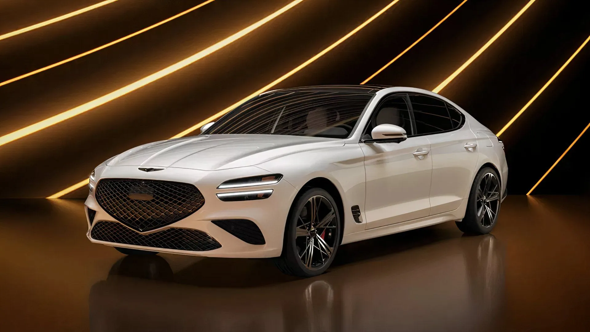A white 2024 Genesis G70 parked in studio