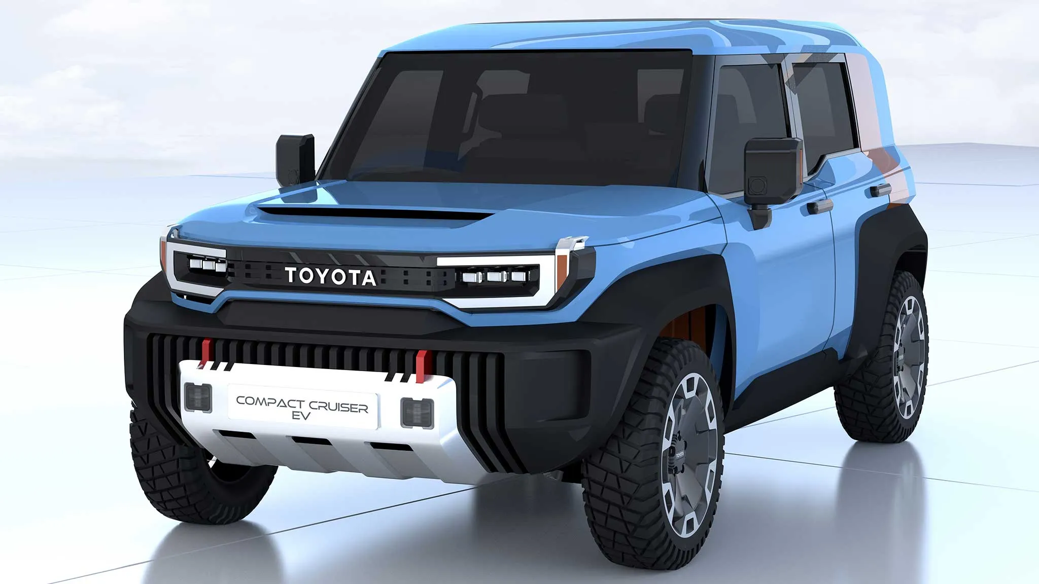 A white Toyota Compact Cruiser EV concept parked outdoors, showcasing its rear design and spare tire
