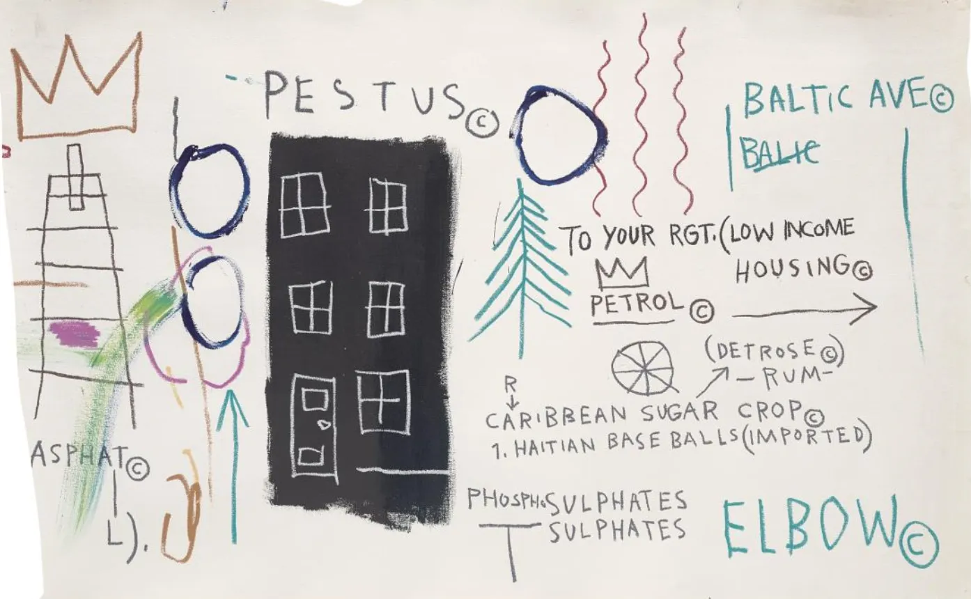 A work on paper showing a black building and some squiggles.